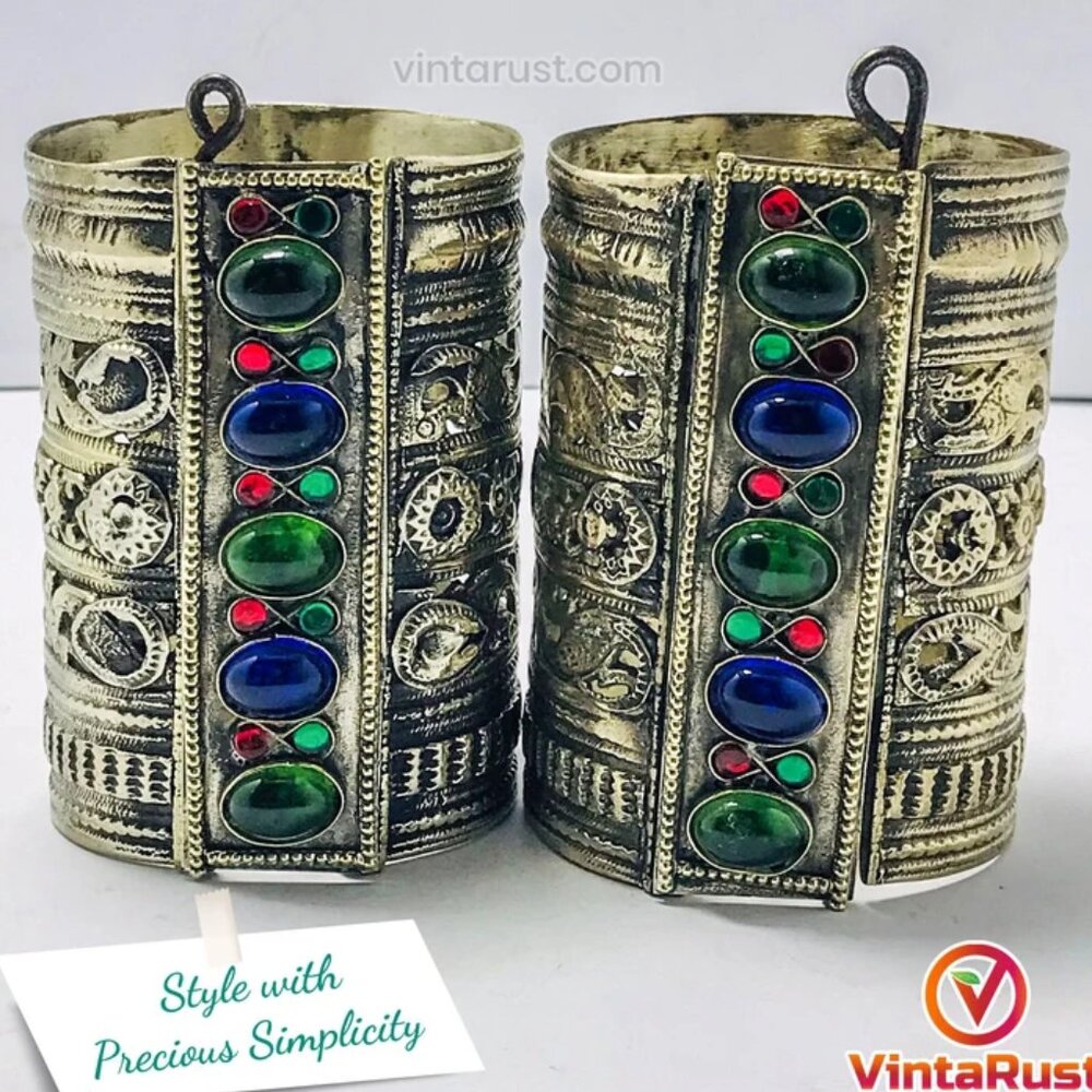 Single Afghan Cuff, Afghan Tribal Vintage Blue and Green Glass Stones Handcuff,